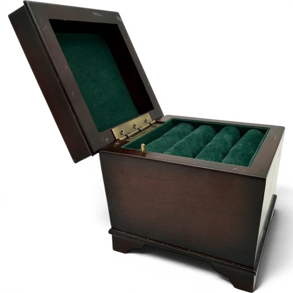Vintage Bombay Company Music Jewelry Ring Box Wood Green Velvet ~ 5